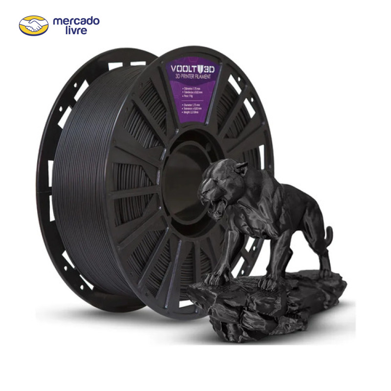 Filamento PLA Preto Velvet Voolt3D 1kg 1,75mm Impressão 3D Aveludado