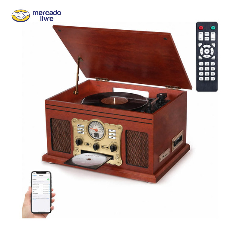 Toca-discos Bluetooth 10 Em 1, Toca-discos De 3 Velocidades Mahogany 127/220v