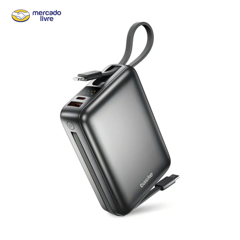 Carregador Portátil Power Bank Basike 20000mAh 22.5W Rápido Cabos Embutidos Tipo C iPhone Samsung