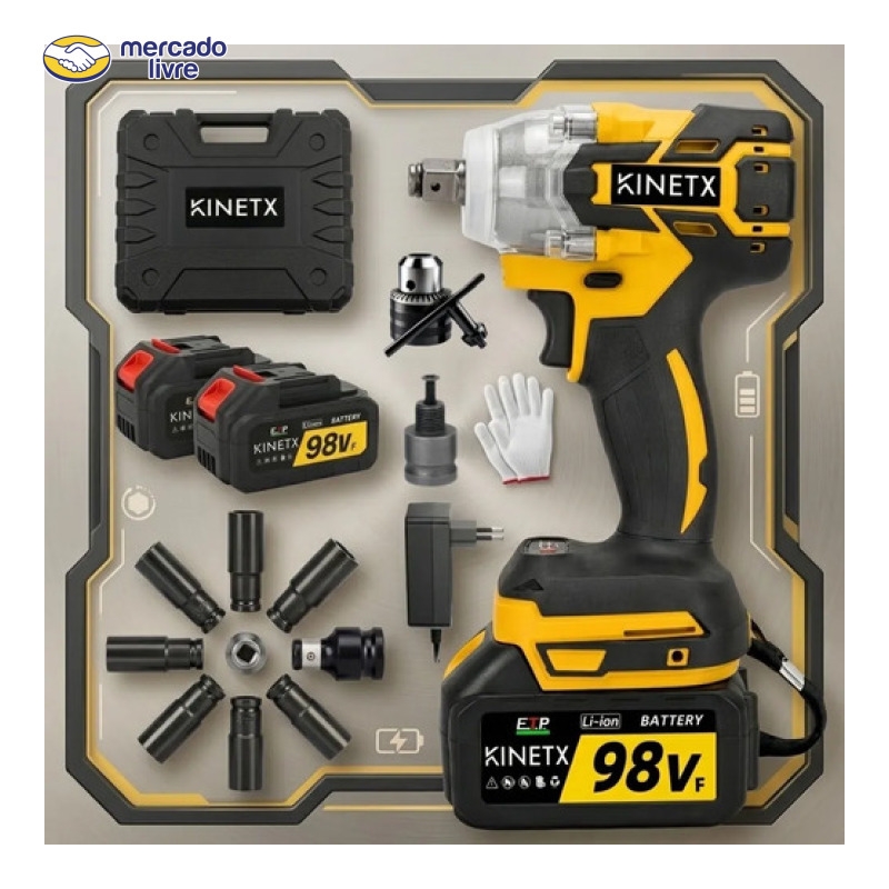 880nm Chave De Impacto Brushless 2 Baterias 98vf Kinetx Case Amarelo 127/220v