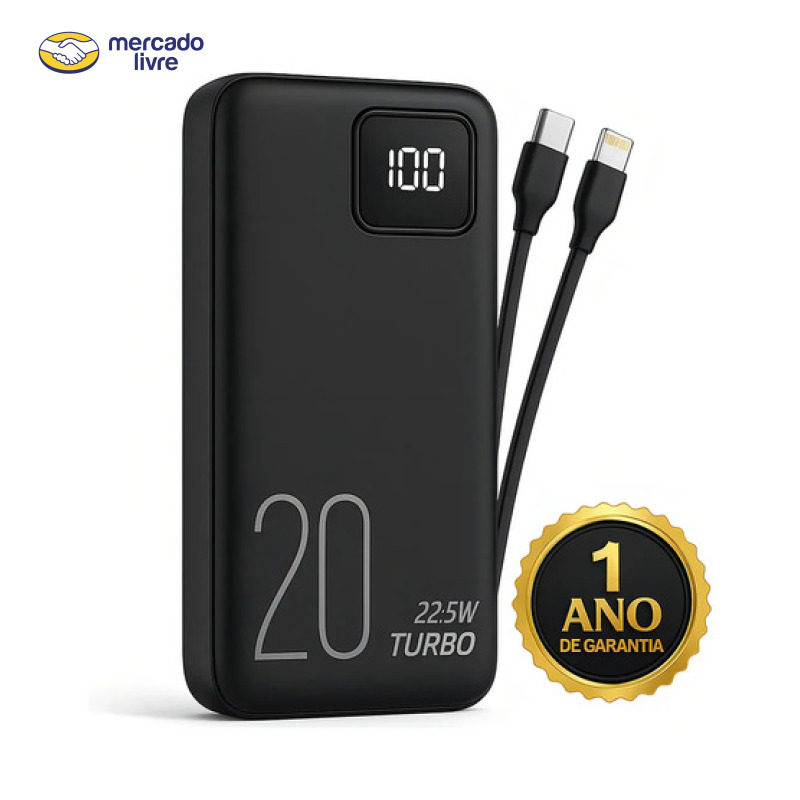 Carregador Portátil Power Bank Turbo 20000mah 22.5w universal para iphone samsung motorola xiaomi Com Display Digital DTimp