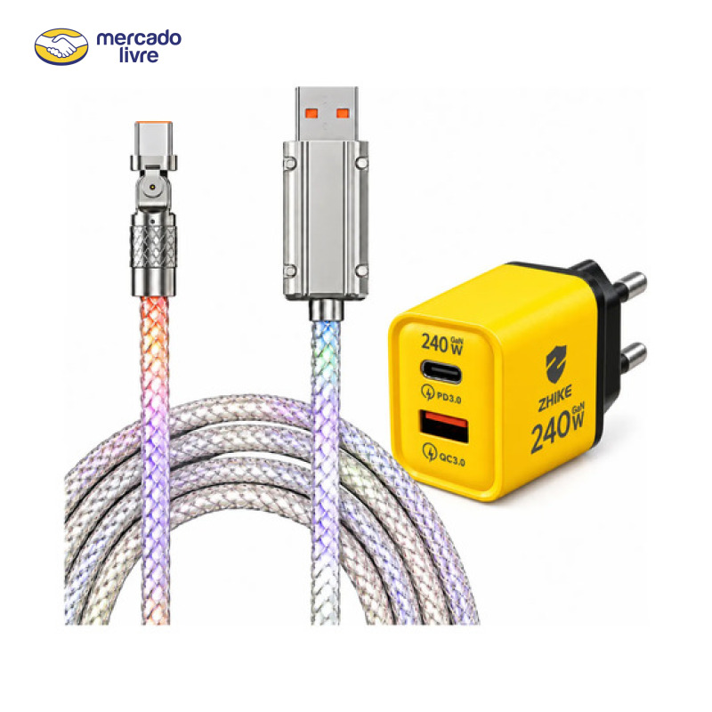 Cabo Carregador Carregamento Rápido Streamer Colorido Tipo C Amarelo Tipo C