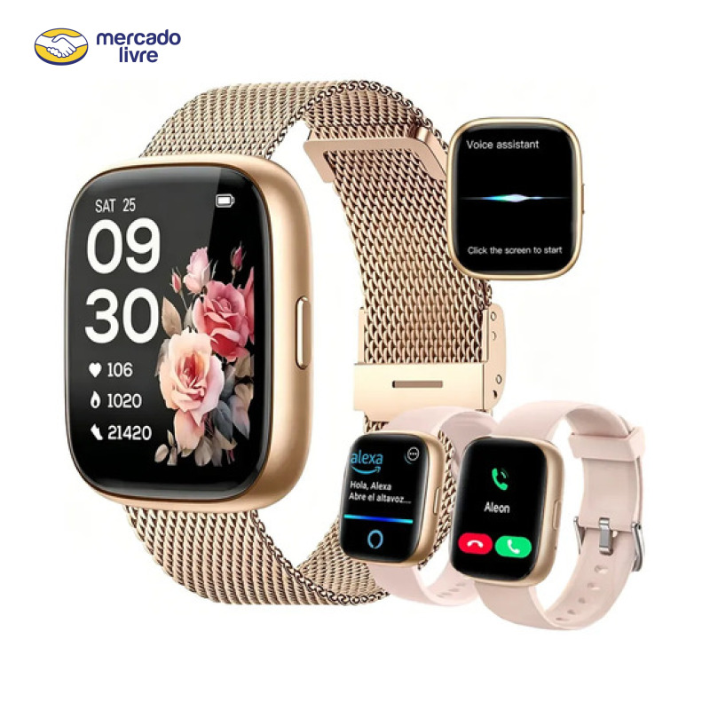 Smartwatch Feminino Esportivo Relógio Inteligente Ouro Rosa Bege