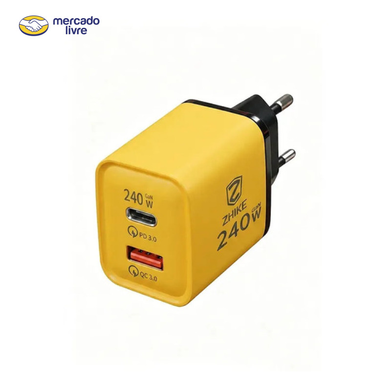 Carregador Parede 240W Turbo GaN Dual Porta USB-C USB-A Super Rápido Bivolt Fosco Amarelo