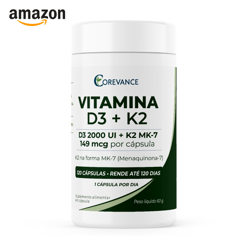 Vitamina D3 2000 UI + K2 MK-7 149 mcg, 120 Cápsulas, 4 Meses de Uso | Alto teor de vitamina D: 2000 UI em 1 cápsula ao di...