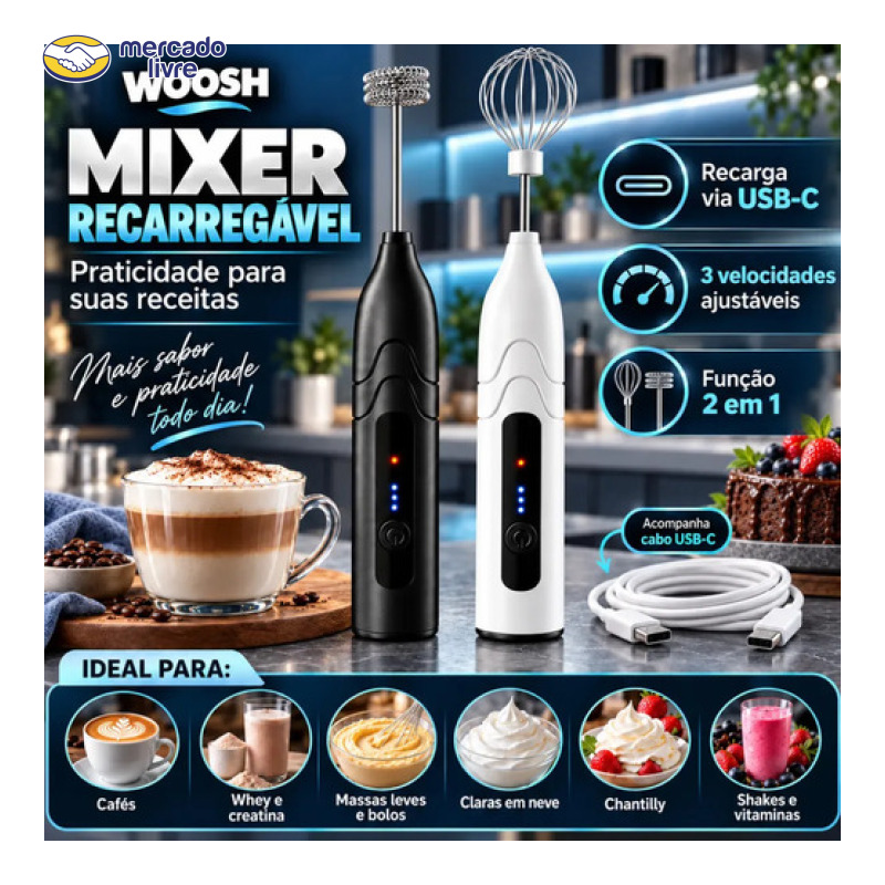 Mixer Elétrico Portátil 2 em 1 Recarregável Potente Misturador de Bebidas e Ovos 3 Velocidades Usb Batedor e Fue Fouet Woosh