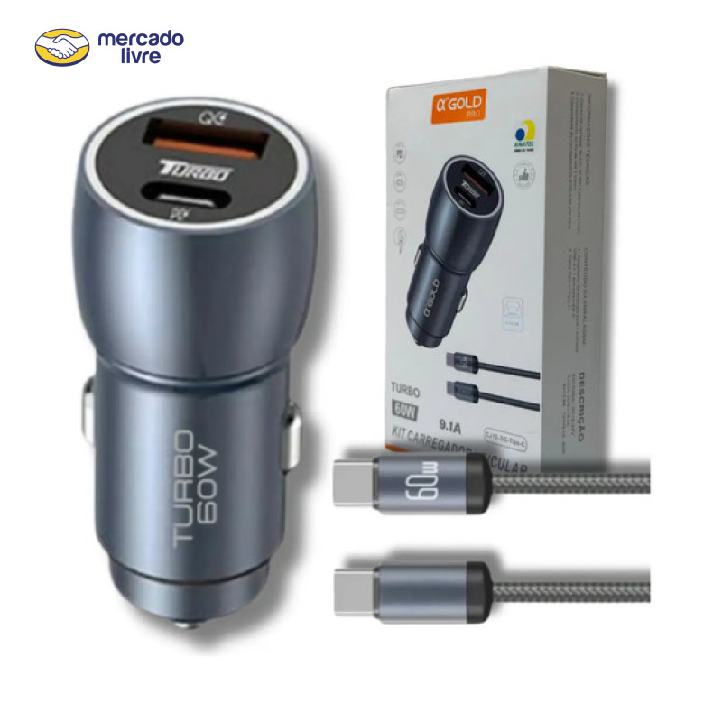 Carregador A'Gold CJ13-3 Veicular Turbo 60w Kit Com Cabo Carro Automotivo Cor Cinza