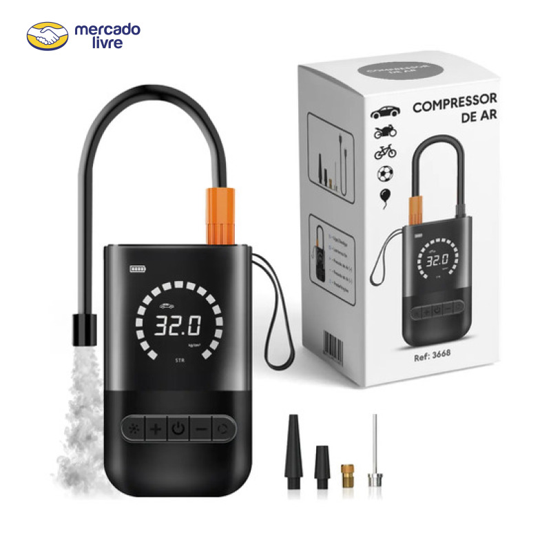 Compressor de Ar Portátil Digital Lumi 150psi Preto P/ Carro Moto Bicicleta