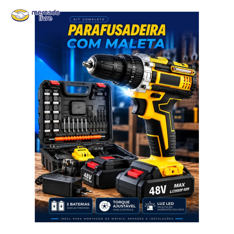 Parafusadeira Furadeira C/ 2 Baterias Maleta Kit Completo Led Eixo Flexível Vários Níveis Torque Simake