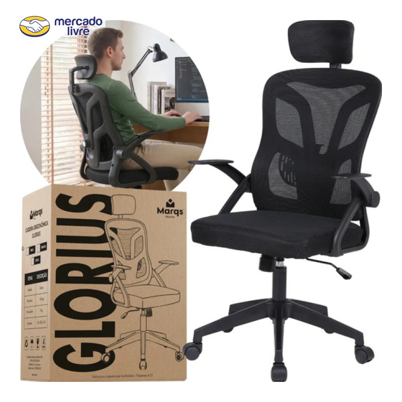 Cadeira De Escritorio Ergonomica Nr17 Glorious Marqs Home Giratoria Resistente Reforçada 180kg Confortavel Reuniao Mesh Preta
