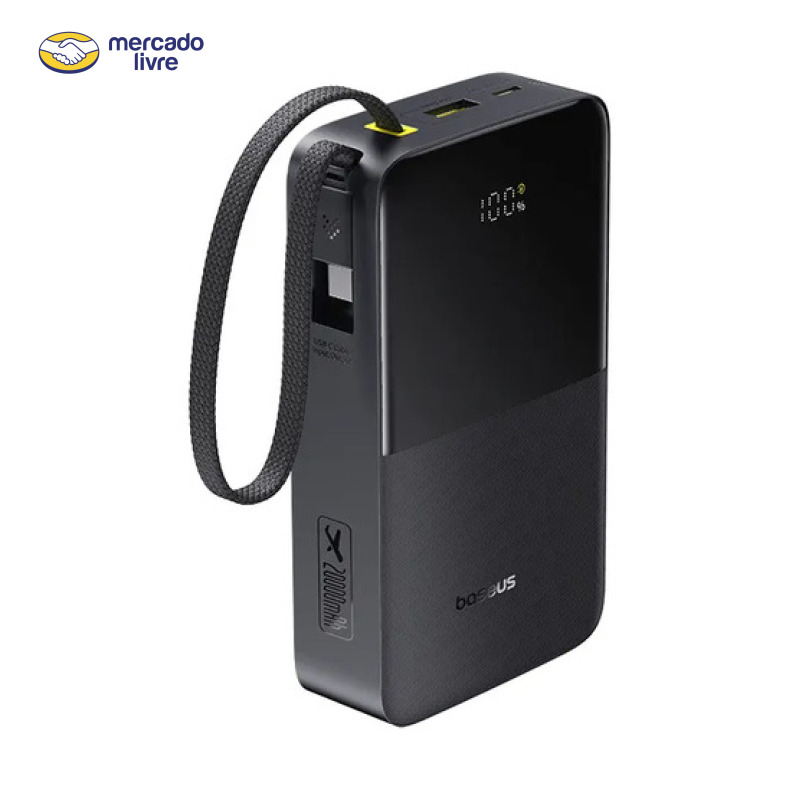 Power Bank Baseus Bipow2 Pro FC51 20000mAh 22,5W Carregamento Rápido Cabo USB-C Integrado Display Digital Carrega 3 Dispositivos Proteção Inteligente Preto