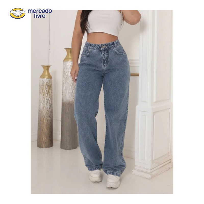 Calça Jeans Wide Leg Feminina Cintura Alta Sem Lycra Stillge