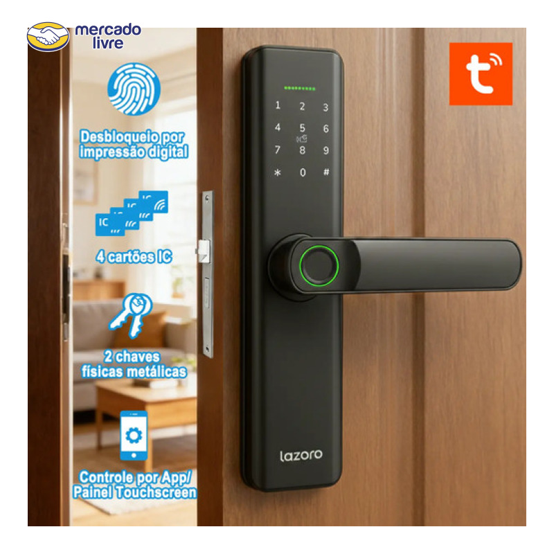 Fechadura Eletronica Digital Com Biometria, Senha, Cartão Ic E Tuya App Bluetooth LAZORO LAM-525B