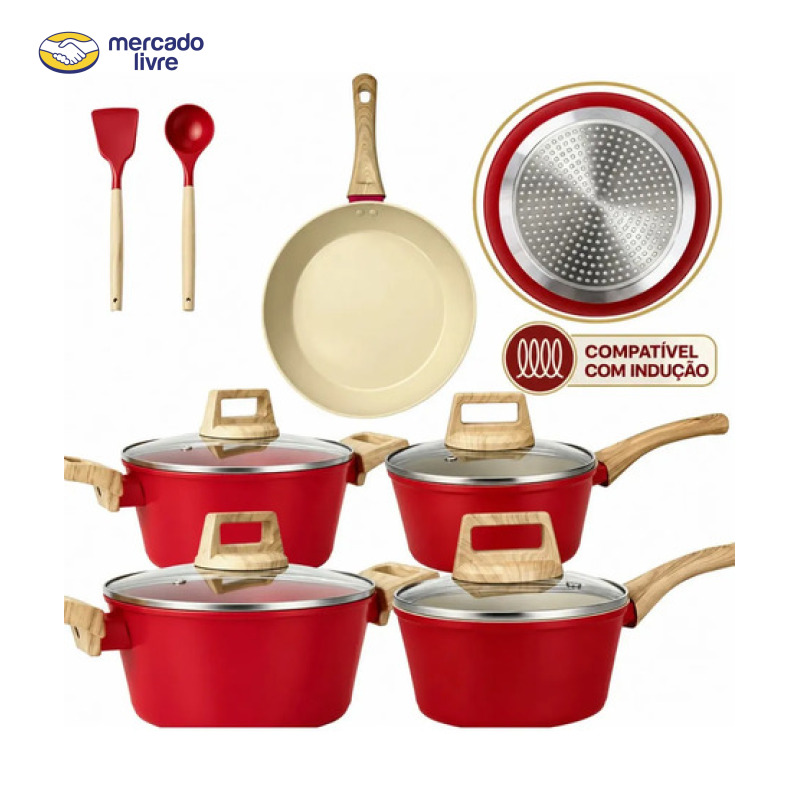 Jogo De Panelas Cerâmico Antiaderente Indução 7 Peças 2.5mm Vermelho