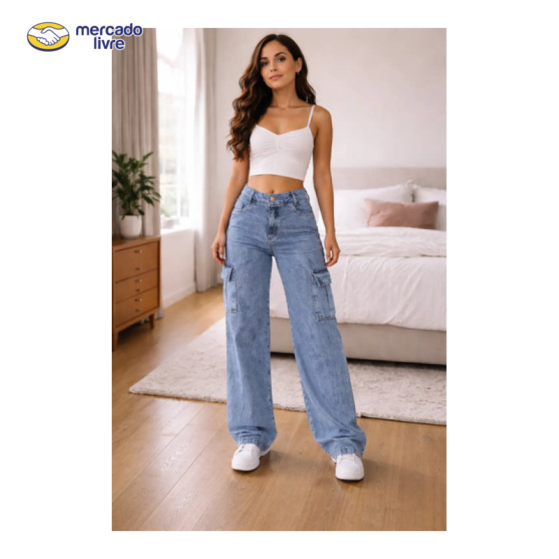 Calça Cargo Feminina Wide Leg Cintura Alta Jeans  Stillger