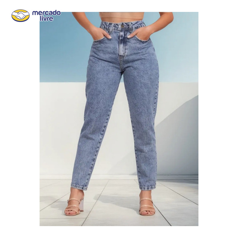 Calça Mom Jeans Feminina Cintura Alta Marmorizada