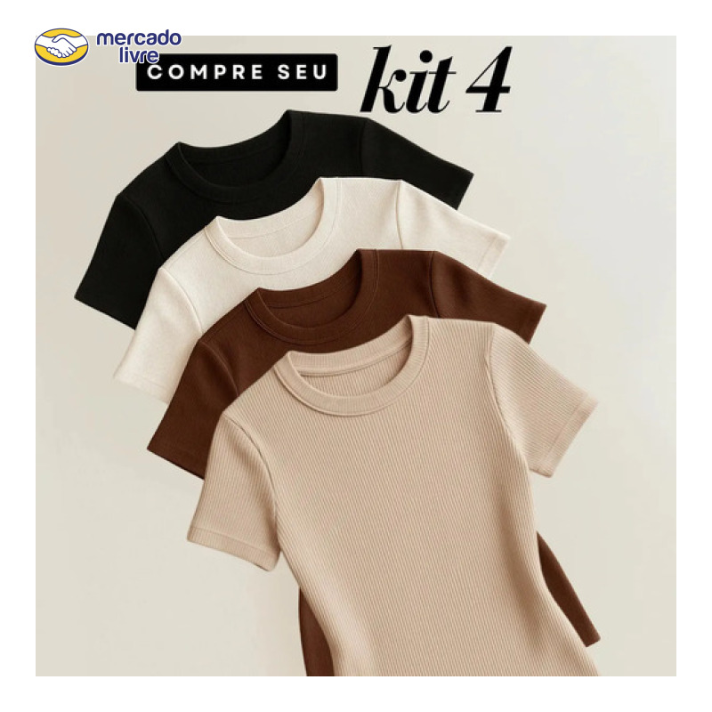 Kit 4 Blusas Feminina Ribana Canelado Estilosa Básica Casual Preto, Branco, Marrom E Nude Liso M/g (36/42)