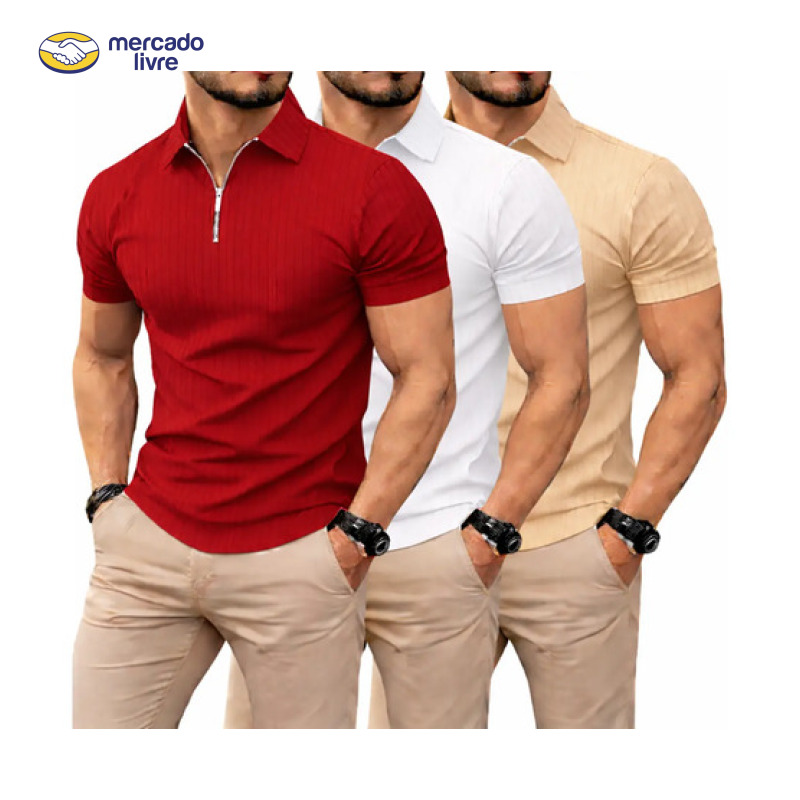 Kit 3 Camiseta Polo Manga Curta Com Zíper Masculina Canelada