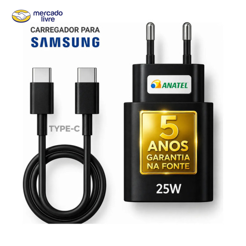 Carregador Super Rápido 25w Para Samsung Galaxy S24 S23 S22 S21 S20 Fe Ultra Motorola M22 M31 M32 M62 M63 M64 G15 Xiaomi Redmi Note 12 13 14 15 LG - Super Fast Cabo Blindado Tipo Usb C -Dtimp