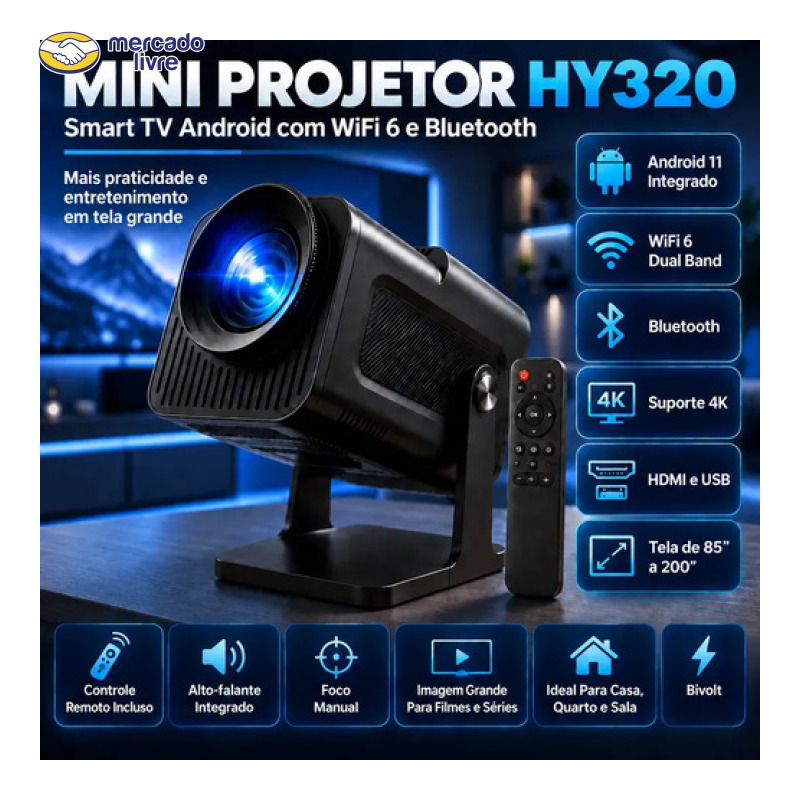 Projetor HY320 Mini Portátil Hardline Smart TV Android WiFi 6 390 ANSI Lumens Full HD Suporte Bluetooth 85-200 Polegadas Alto Falante Com Controle Remoto Bivolt
