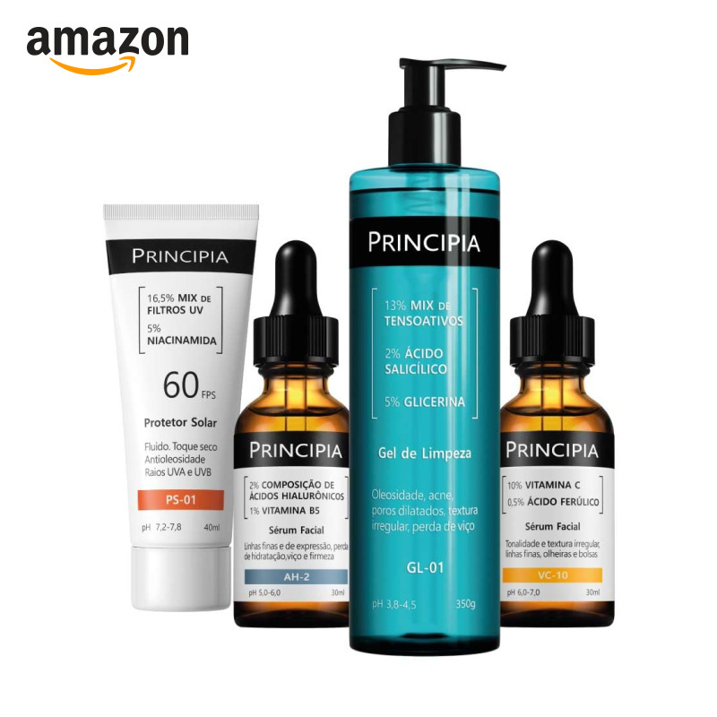 Principia Kit Essencial com quatro fórmulas: um gel de limpeza com mix de tensoativos + salicílico + glicerina, um sérum d...