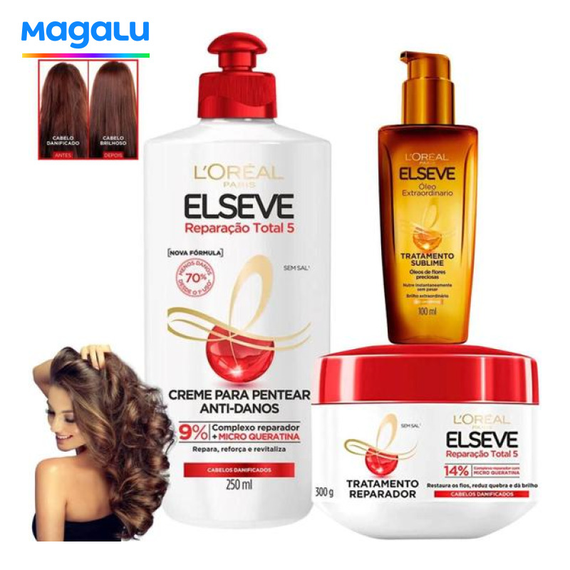 Kit Elseve Reparação Total Loreal Paris Óleo Extraordinário Cicatri Renov Antifrizz Cabelos Danificados - Loreal Paris