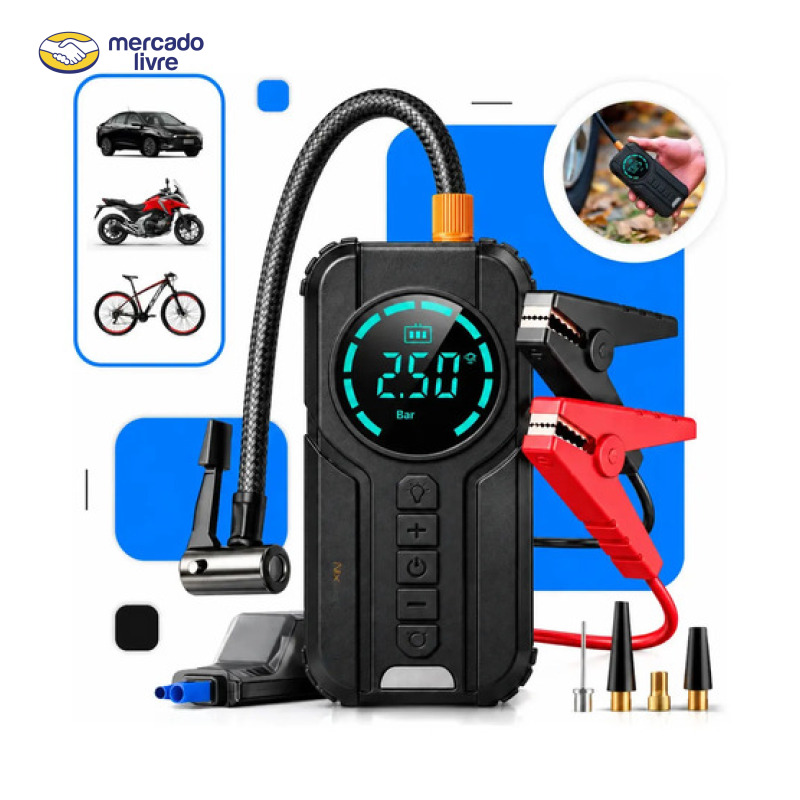 Auxiliar de Partida Nixzen 4 em 1 com Compressor de Ar e Power Bank para Carro, Moto e SUV