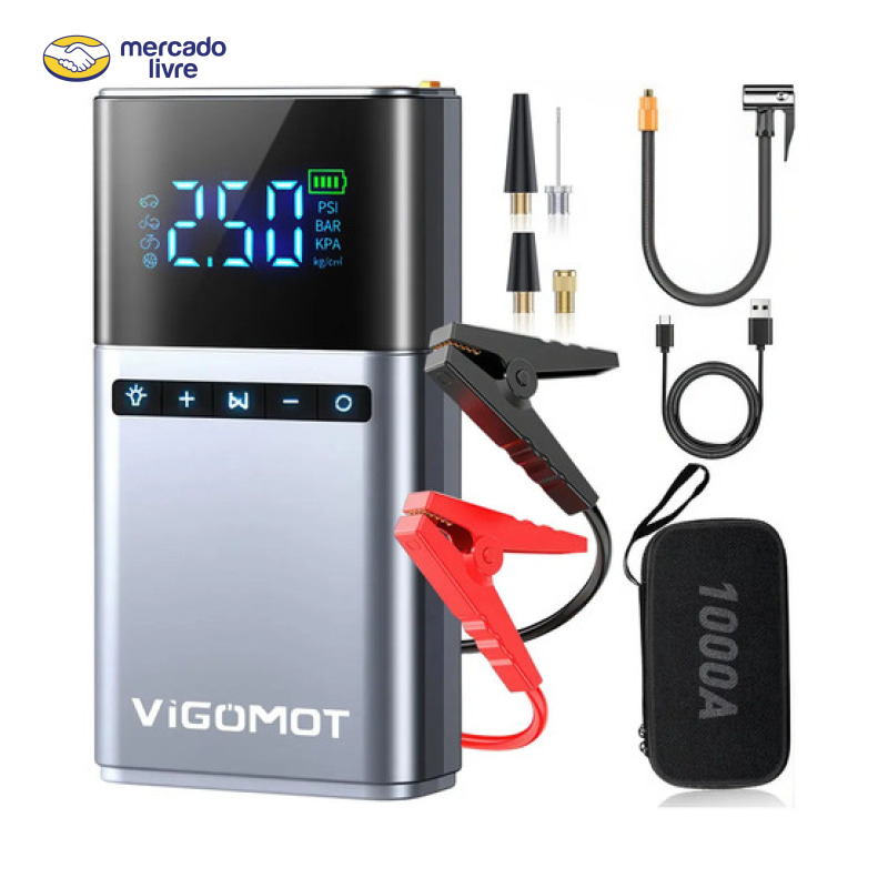 Auxiliar de Partida Vigomot para Carro com Compressor de Ar e Power Bank