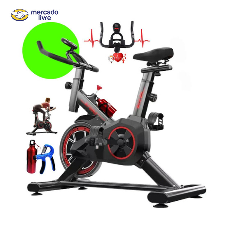 Bicicleta Ergométrica Spinning Profissional Fitness Academia Sport 120 Kgs Preto Premium Bike academia para Cardio e Musculação com base + brinde SQUEEZEBAR