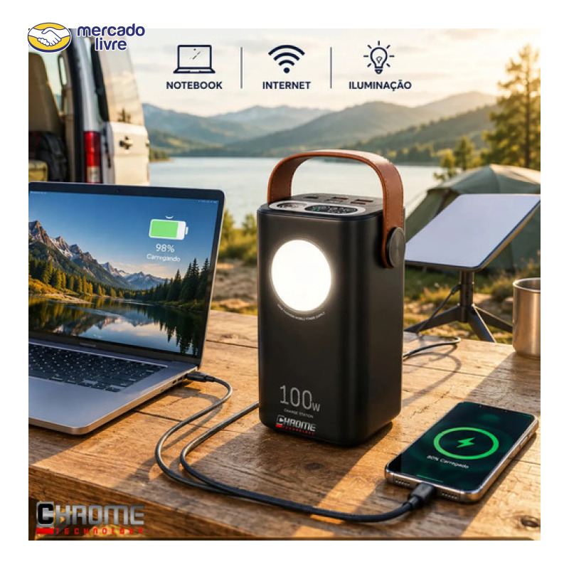 Power Bank 60.000mah 100w - Starlink Mini Ultra Rápido Carregador Portátil E Notebooks Celulares Computadores Viagens Trabalho Home Office Proteções Contra Sobrecarga Curto-circuito Chrome Technology.