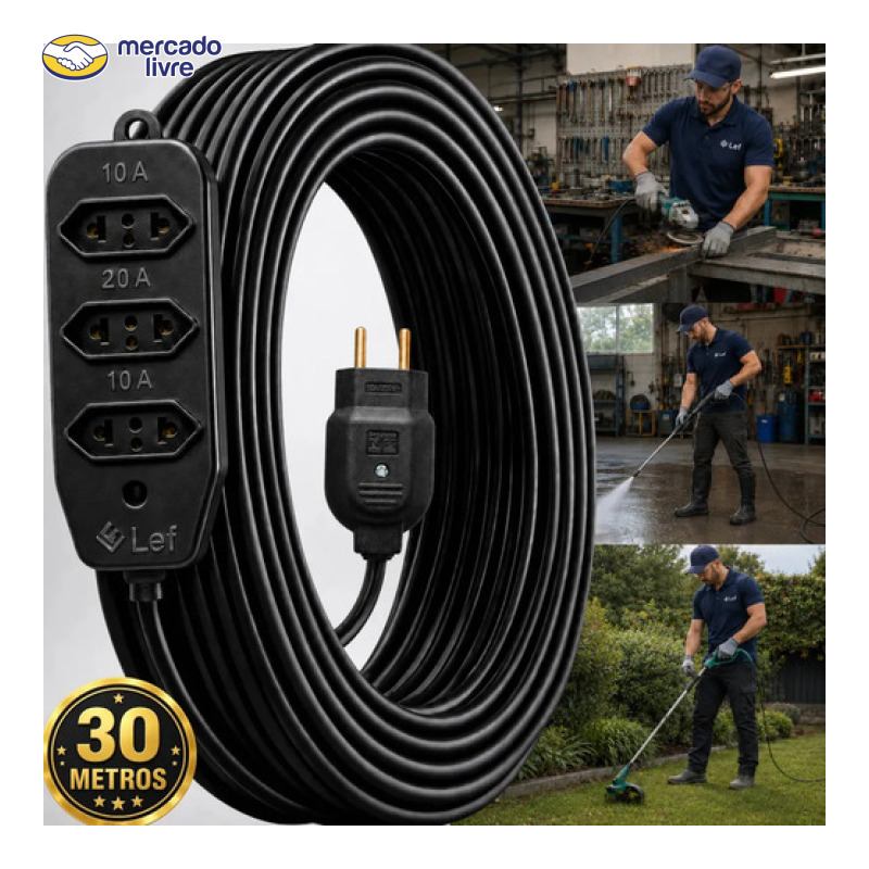 Extensão Elétrica 30 Metros Reforçada Cabo Pp Profissional 10A 20A 3 Barra de tomadas Bivolt Cabo Dupla Camada Flexível para Obra Uso Residencial Ferramentas Elétricas Lavadoras Área externa Two Lef
