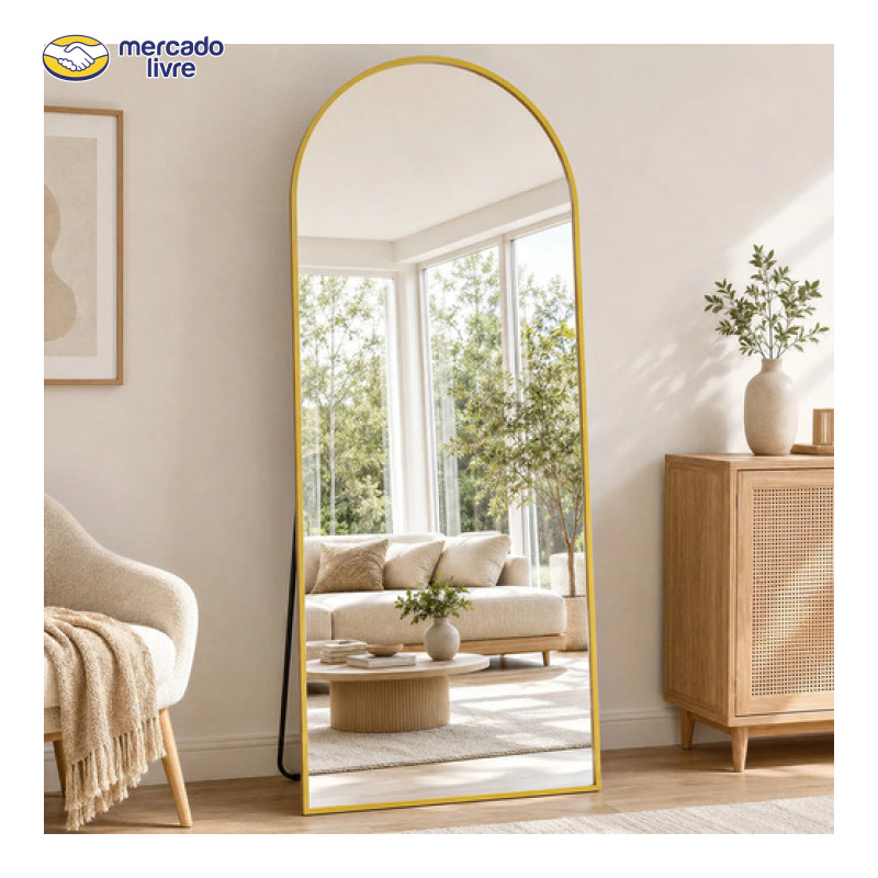 Espelho Chão Corpo Inteiro Grande Arco 193*86cm Com Suporte Dourado