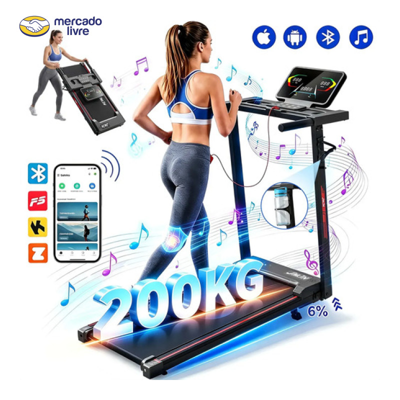 Esteira Elétrica Ergométrica 3.0HP 1-14km/h Com Bluetooth + Fitshow App Suporta até 200KG Dobrável JMJN