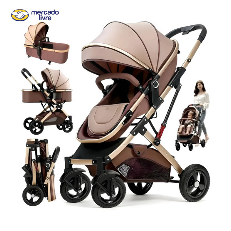 3 Em1 Carrinho Passeio Bebê Reversível Berço Moisés Conforto Chocolate