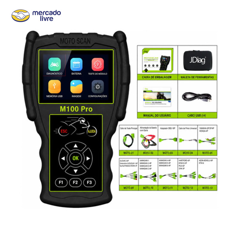 Scanner Jdiag M100 Pro Diagnóstico Moto Obd2, Testador Bateria 12v, Teste Abs, Atuadores, Ajuste Tps, Apaga Códigos Falha, Dados Em Tempo Real, Teste Carga E Partida, Compatível Honda Yamaha Ktm Bmw