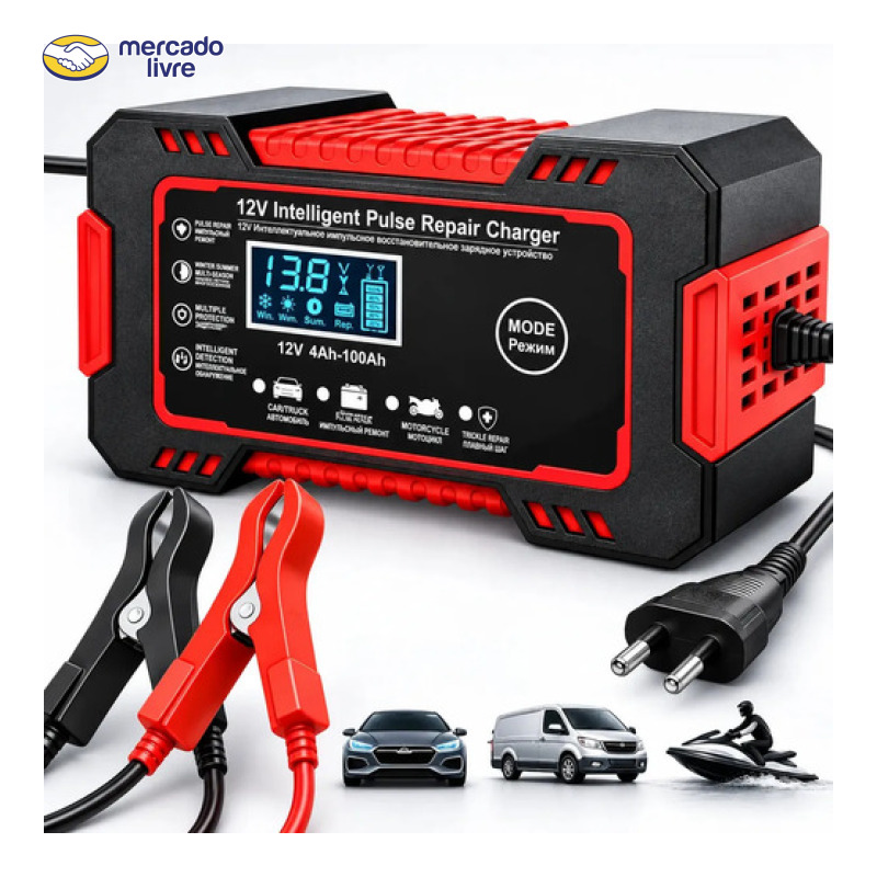 Carregador Inteligente De Bateria Automotiva 12v 6a Bivolt Recupera Baterias 4ah A 100ah Todos Veículos Moto Carro Caminhão Barco Woosh