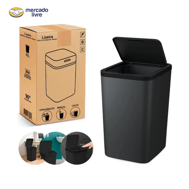 Lixeira Inteligente Com Sensor Automática Banheiro preto Lixeira Automática De 16 Litros Com Sensor Balde Lixo Adequada Para Cozinha E Banheiro