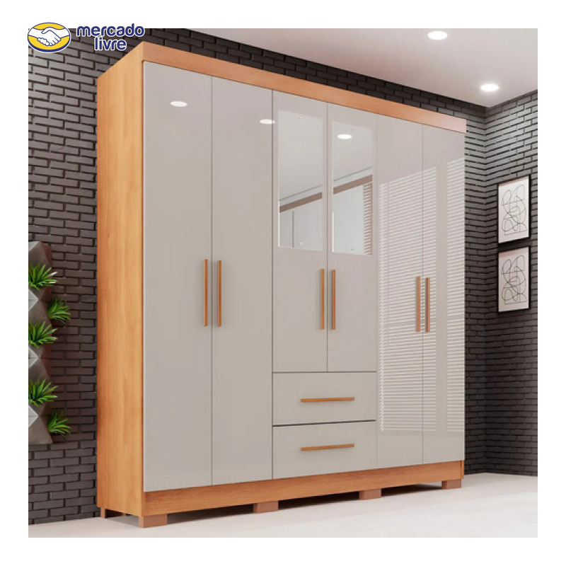 Guarda-roupa Casal com Espelho 6 Portas 2 Gavetas Sallêto Cinamomo/Off White