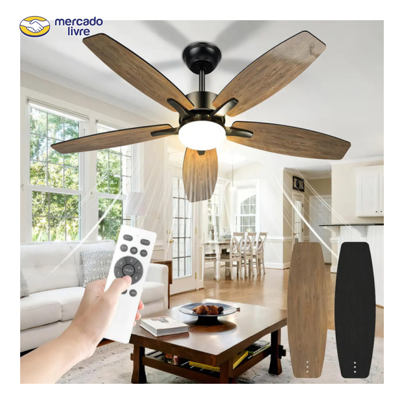 Ventilador de Teto FANSVENTO com Luz LED Controle Remoto 106cm 6 Velocidades