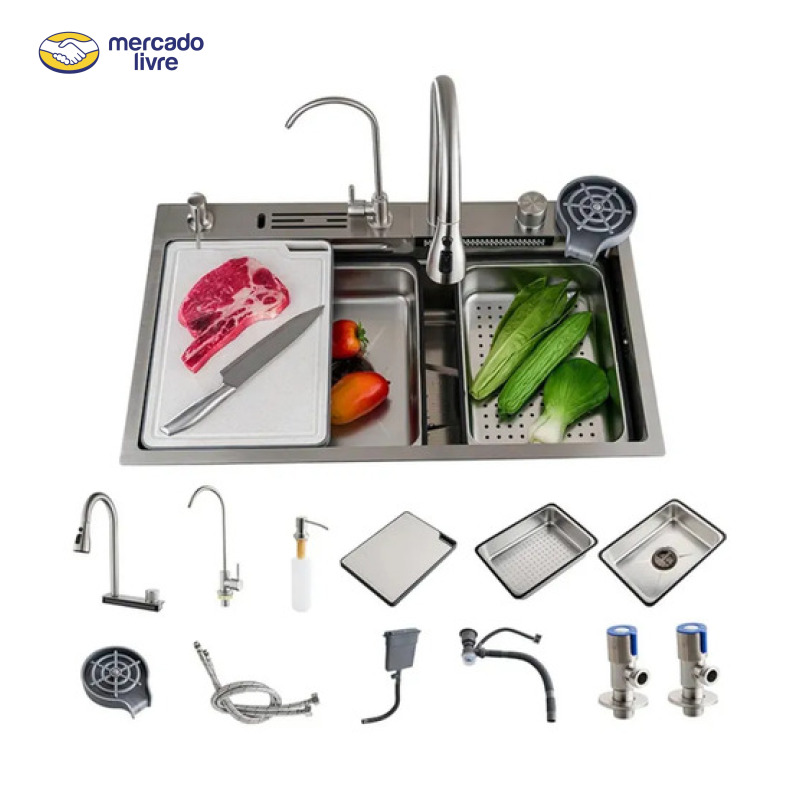 Cuba Cascata Premium Completa Com Acessórios Torneira Monocomando E Lavador De Copos Cozinha Gourmet Aço Inox 304 Cor Prata Widna
