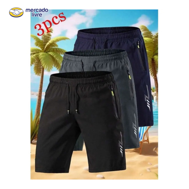 Kit 3 Shorts Masculinos Esportivos  Leves Secagem Rápida