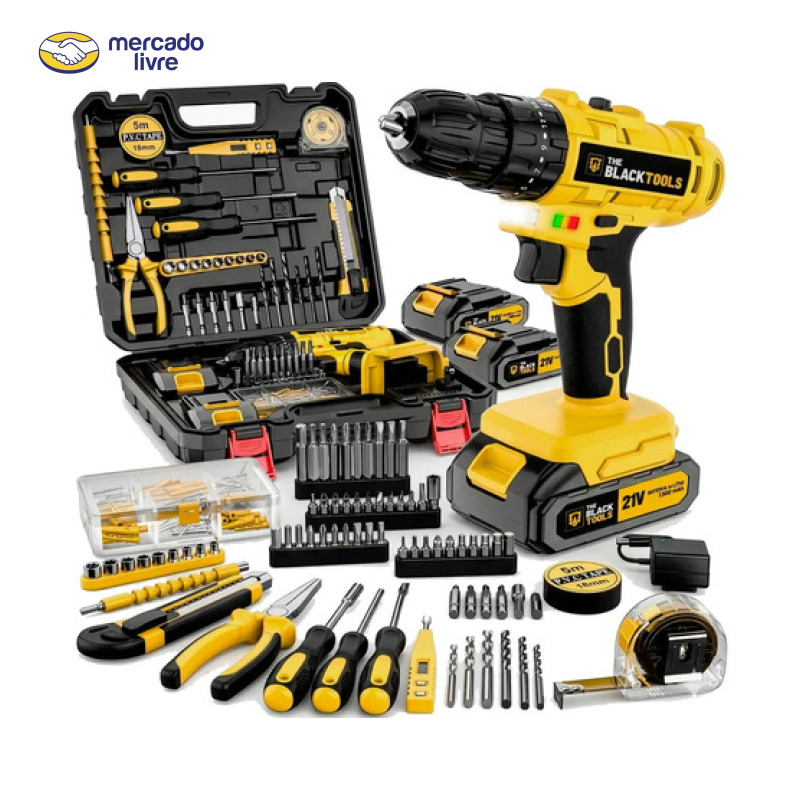 Furadeira Parafusadeira de Impacto The Black Tools TBKIT20 Bivolt 2 Baterias Kit 134 Peças