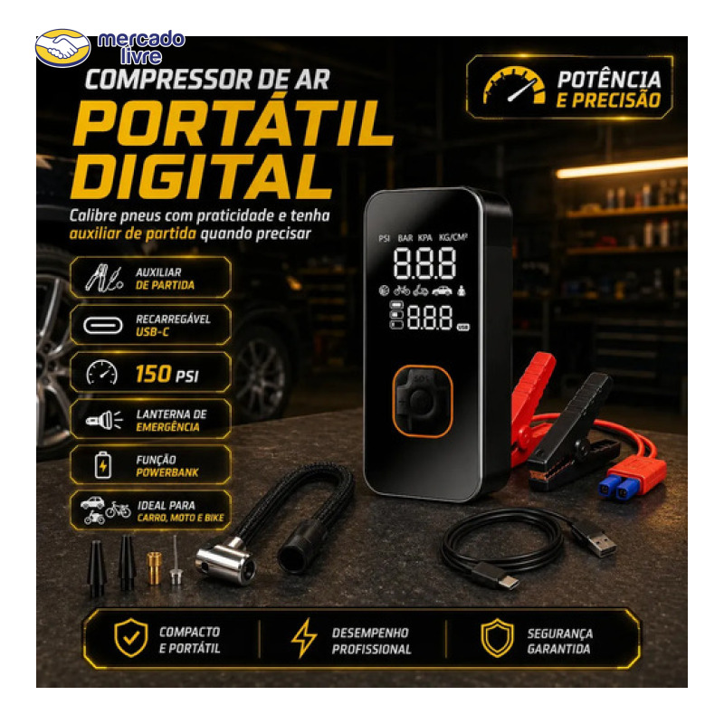 Auxiliar de Partida Compressor de Ar e Power Bank para Carro