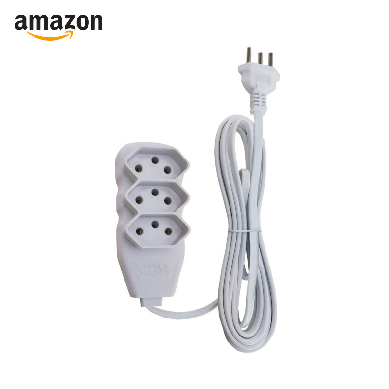 Force Line Extensão Elétrica Slim 3 Metros 3 Tomadas Tripolar Branca | Extensão de tomada com cabo PP, plugue de 3 pinos e ca