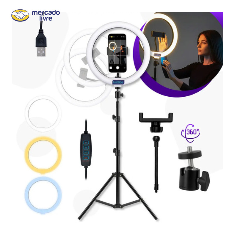Ring Light 10 Polegadas Com Tripé 2,10m Profissional Video Maker Suporte Celular E Led 3 Cores Iluminação Maquiagem E Gravações Luxside