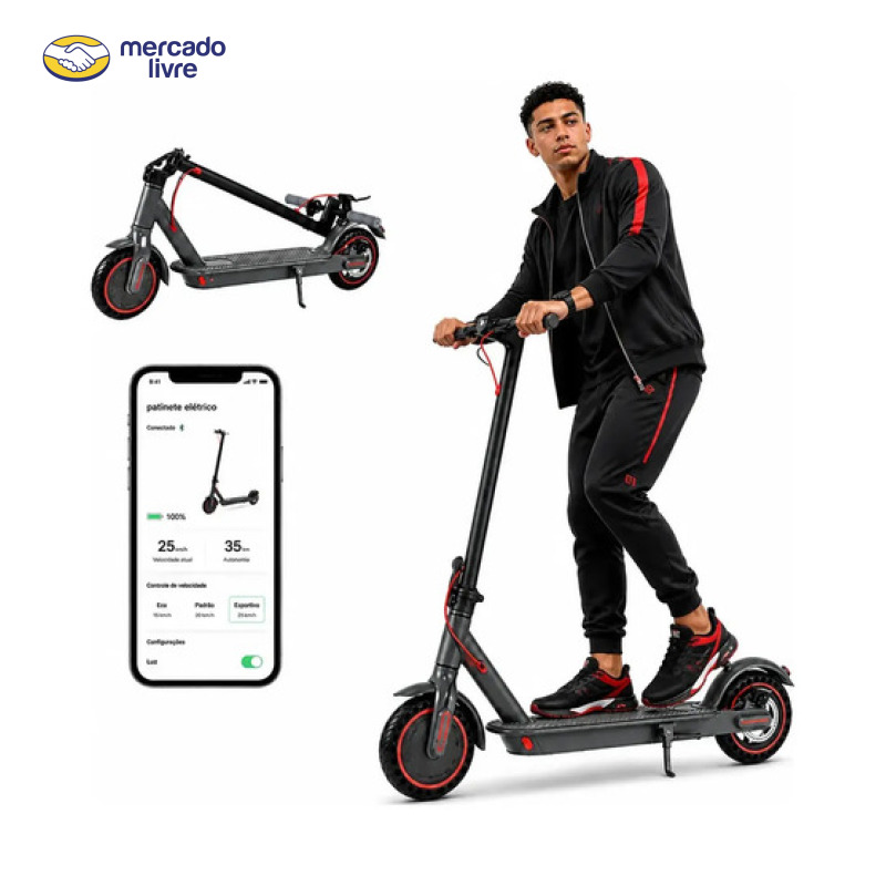 Patinete Elétrico Hearbuds M85 Dobrável Com App Gps Preto Com Vermelho