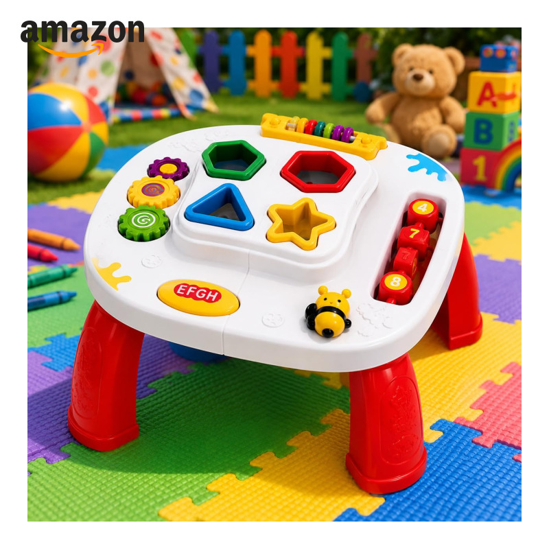 Mesinha Didática Infantil com Atividades – Brinquedo Educativo Sensorial com Formas de Encaixe, Engrenagens e Som – Coordenaç
