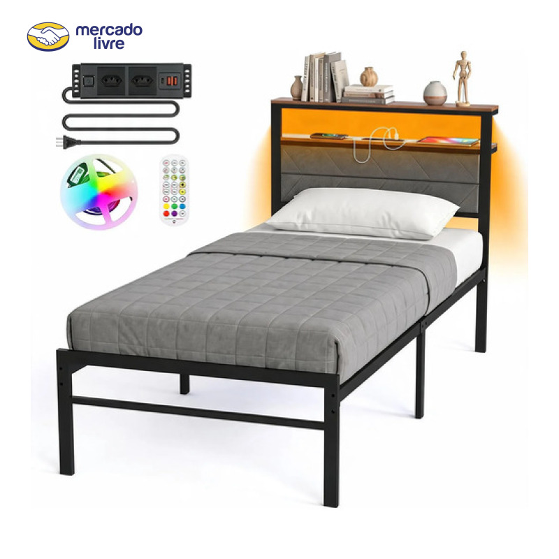Estrutura De Cama Metal Solteiro C/cabeceira Estofada E Led Preto Hot Wheels