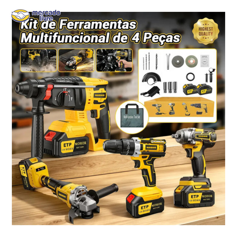 Kit Ferramentas Elétricas MOHOR 4 em 1 com 2 Baterias, Furadeira Parafusadeira, Martelete, Esmerilhadeira e Chave de Impacto