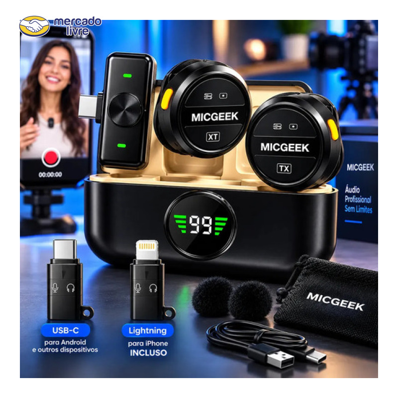 Microfone Lapela Redondo Sem Fio Tipo-C Duplo Anti Ruído P/ Android E iPhone 15 16 17 Com Caixinha Para Carregamento Cor Preto MICGEEK
